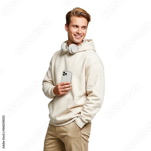 portrait of a handsome young man wearing white hoodie and holding phone on white
