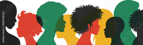 Diverse group of people side profiles, colorful silhouette illustration, inclusive community, cultural unity, abstract vector art, equality, identity
