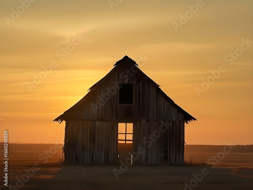 old weathered wooden barn silhouette against dramatic golden sunset sky