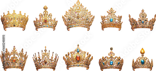 Ten Ornate Golden Crowns Adorned with Jewels on White Background Keywords: crown, golden, ornate, jeweled, regal, royal, monarchy, imperial, sovereign