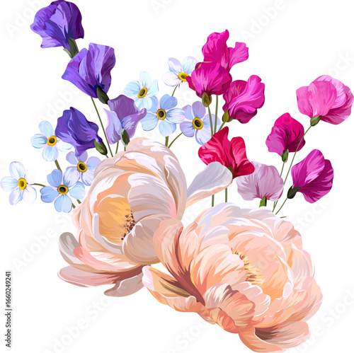 Vector bouquet flowers. Peony, lupine, forget-me-not