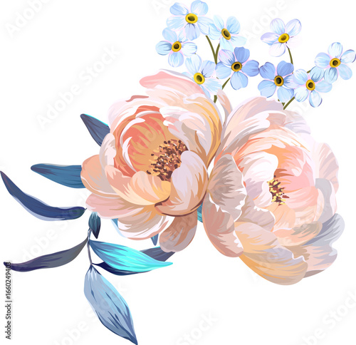 Vector bouquet flowers. Peony, lupine, forget-me-not