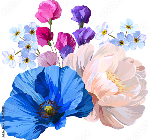 Vector bouquet blue and white flowers. Poppy, buttercup, anemone, peony, forget-me-not and sweet pea flower