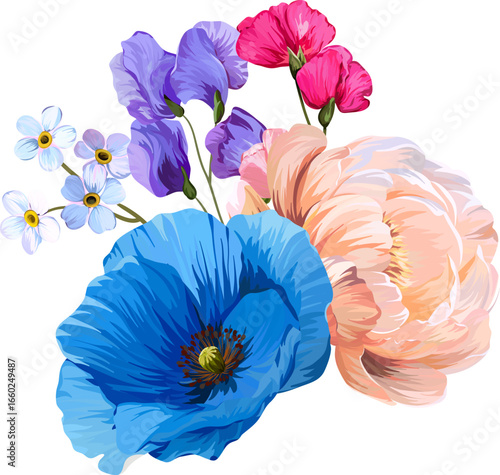 Vector bouquet blue and white flowers. Poppy, buttercup, anemone, peony, forget-me-not and sweet pea flower