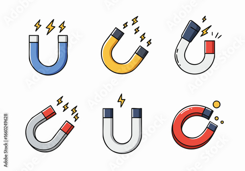 Colorful cartoon horseshoe magnet icons illustrating various magnetic forces and attraction concepts on a white background.
