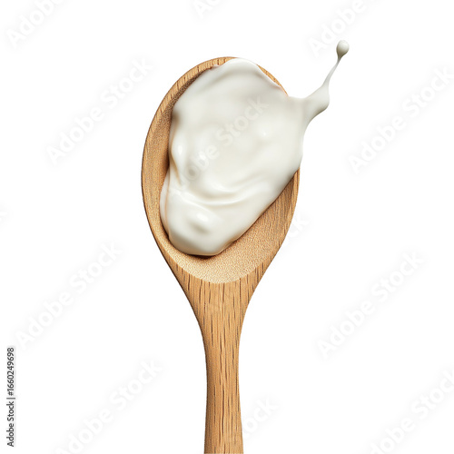 Wooden spoon with dollop of cream or yogurt, capturing the texture and smoothness on transparent background