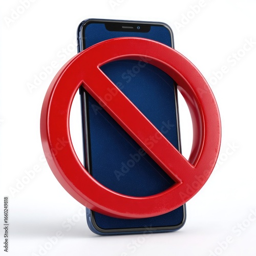 Red prohibition sign over a smartphone on white background