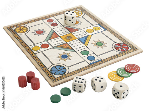 Colorful vintage board game with dice and playing pieces