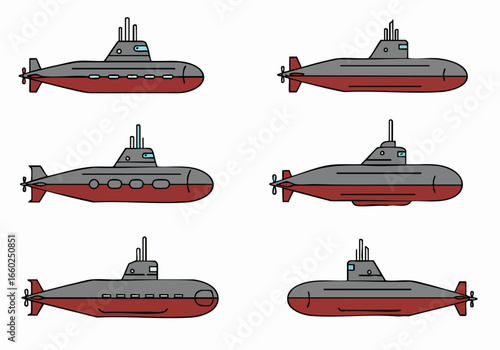 Set of six cartoon submarines, depicted in a simple, flat design with grey and red hulls, ideal for various marine and military concepts.