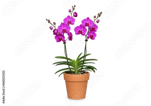 Wallpaper Mural Two blooming magenta orchids in a terracotta pot on a clean white background; leaves and blossoms visible Torontodigital.ca