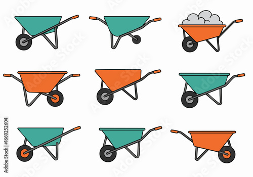 Set of Colorful Wheelbarrow Icons, Including Empty and Sand-Filled Designs, Ideal for Construction, Gardening, and Landscaping Projects
