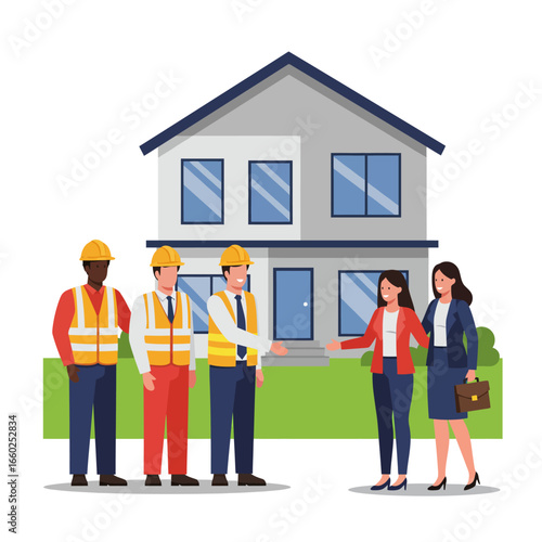 A diverse team of construction professionals and real estate agents collaborate on a new home project, symbolizing successful property development and client satisfaction.