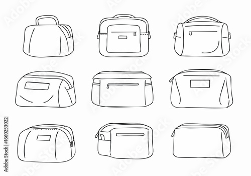 Collection of hand-drawn toiletry and cosmetic bags in various shapes, perfect for travel and organizing personal items. Simple black and white line art.