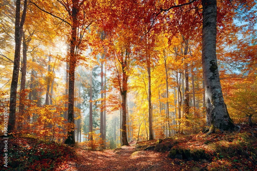 Obraz premium Golden autumn forest path bathed in warm sunbeams