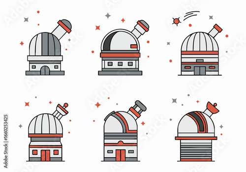 Astronomical Observatories Icon Set: Flat Design Illustrations of Telescope Buildings for Science and Space Exploration