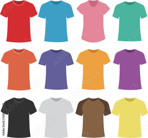A collection of twelve different colored blank T-shirts, including red, blue, pink, green, orange, purple, brown, black, white, gray, and yellow, ready for your custom designs.
