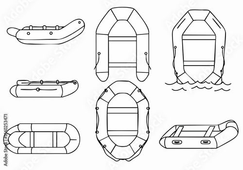 Set of inflatable boat and raft line art illustrations, showcasing various designs for water sports, recreation, and outdoor adventure activities.