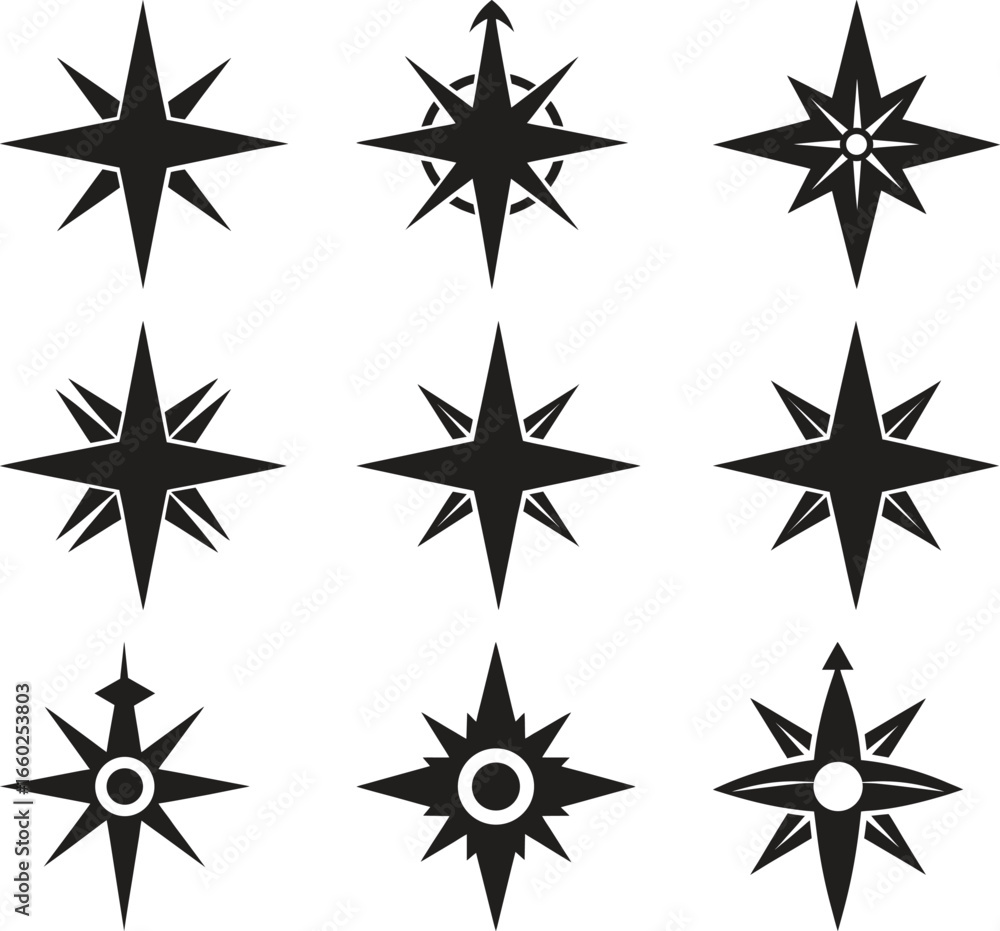 Fototapeta premium Set of Nine Black and White Wind Rose Icons