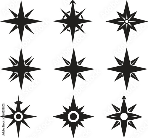 Set of Nine Black and White Wind Rose Icons