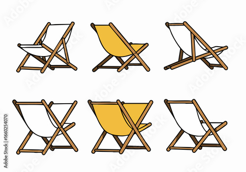Collection of six minimalist cartoon deck chair illustrations in white and yellow, perfect for summer leisure and vacation themes, isolated on white.