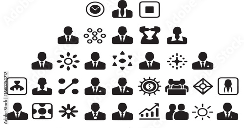 Diverse Silhouette Icons of People and Activities in Hierarchical Pyramid Structure Representing Different Roles, Communication, Social Interaction, Teamwork, and Digital Connectivity for Business and