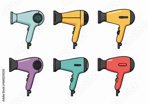 Colorful cartoon hair dryers illustration set. Six vibrant flat design beauty and personal care tools for styling and hair care on a white background.
