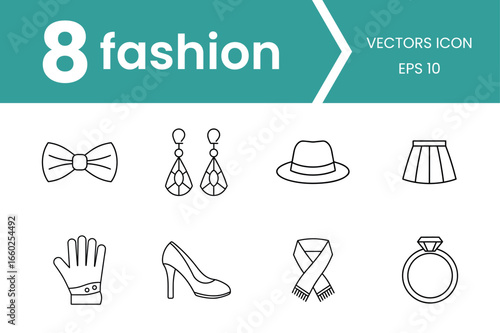 Vector art of eight fashion accessories icons, including bow tie, earrings, hat, skirt, glove, shoe, scarf, ring