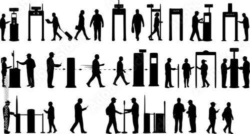 Silhouette illustration showing people interacting with security checkpoints and doorways in various poses | editable eps vectors