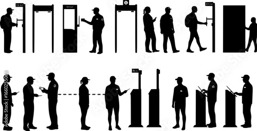 Silhouette illustration showing people interacting with security checkpoints and doorways in various poses | editable eps vectors