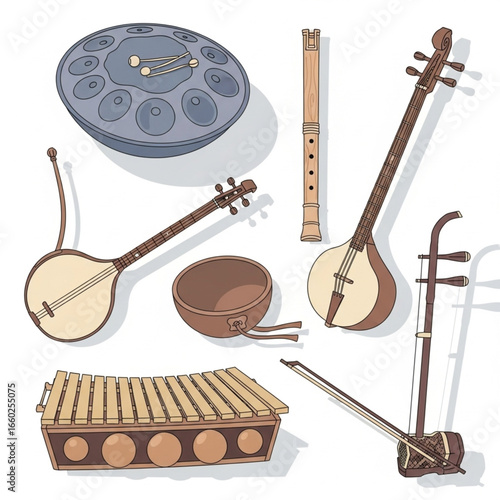 Collection of diverse musical instruments including string, percussion, and wind instruments.