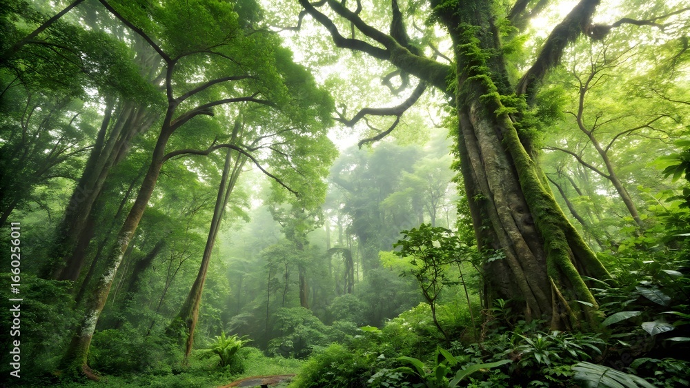 Fototapeta premium Lush Green Forest Canopy With Sunlight Streaming Through Tall Trees