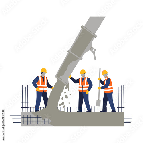 Construction workers in safety gear are diligently pouring fresh concrete from a large mixer chute to build a solid foundation.