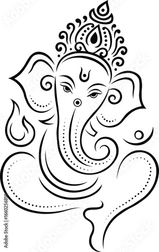 Lord Ganesha vector line art illustration, hindu god ganpati abstract design, minimal black outline drawing, decorative ganesh chaturthi artwork for festival greeting, spiritual wall art and religious