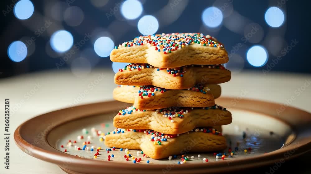 Close-up studio shot of a stack of star-shaped Christmas cookies decorated with colorful sprinkles, sitting on a rustic brown plate against a bokeh background with a