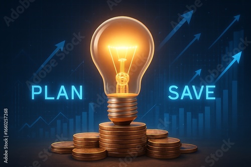 A glowing light bulb sitting on coins with plan save text in background