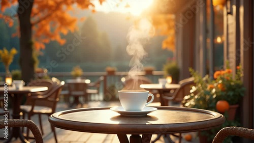 Steaming coffee cup creating a cozy mood on a cafe table against a blurred autumn city street background