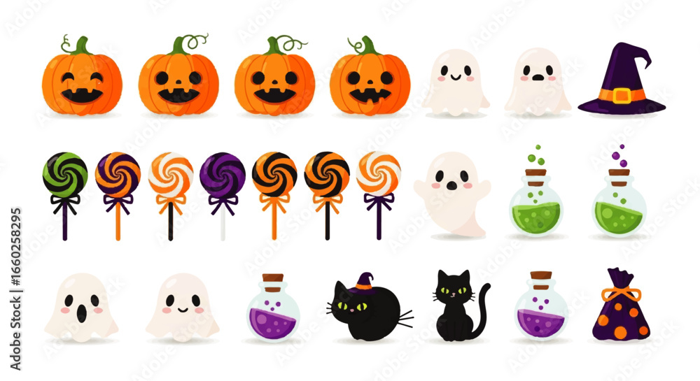 Naklejka premium Fun Halloween themed graphic elements Cute pumpkins, ghosts, lollipops, potions, and black cats. Perfect for holiday designs.