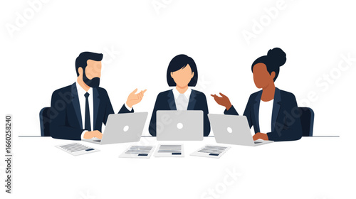 Diverse business professionals in a flat vector illustration actively discussing during a corporate meeting