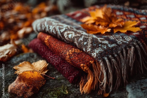 Cozy autumn textiles layered with vibrant fall leaves