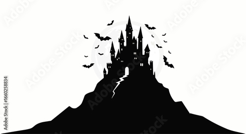 Silhouette of a spooky castle on a hill with bats flying around it under a full moon
