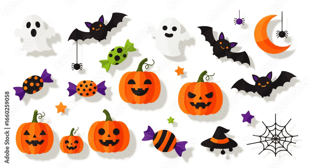 Fototapeta premium Festive Halloween Icons Pumpkins, Ghosts, Bats, and Candy Collection