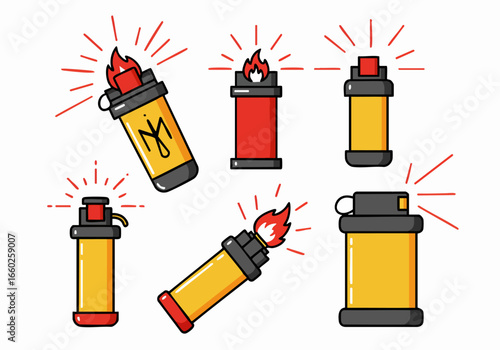 Collection of Cartoon Lighters with Flames and Unlit Indicators in Various Poses on White Background