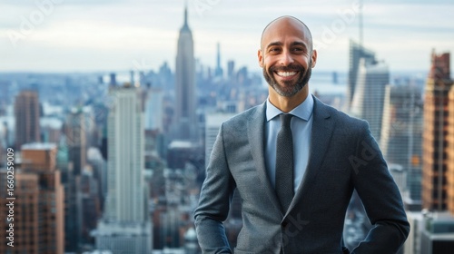 Confident businessman smiling in suit with New York city skyline and Empire State Building.