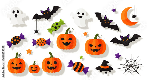 Festive Halloween Icons Pumpkins, Ghosts, Bats, and Candy Collection