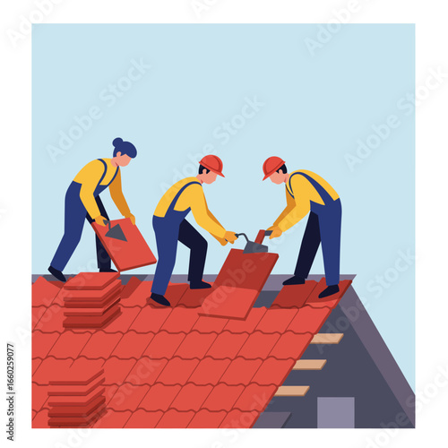 A team of professional roofers diligently installs new red tiles on a house roof, demonstrating expert craftsmanship and collaborative effort in construction work.