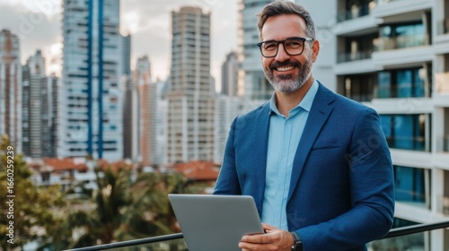 Smiling senior businessman in blue suit using laptop on balcony with city view and modern buildings.