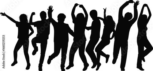 Silhouette group of people dancing, energetic crowd jumping, party celebration moment, youth fun pose, vector illustration, black design art