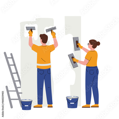 A man and woman diligently apply plaster to walls with spatulas, collaborating on a home renovation project, showcasing teamwork and skill.