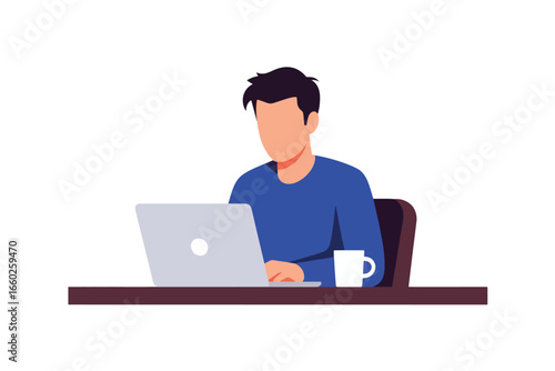 Faceless male character in a blue sweater working on a laptop at his desk