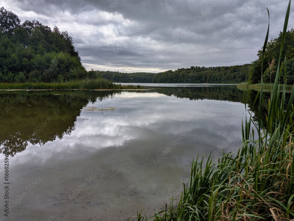 Fototapeta premium Calm water reflections under a cloudy sky at a serene lakeside location in late afternoon